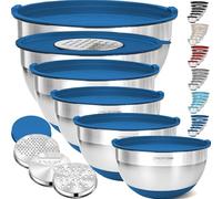 Priority Chef 6Pc Large Mixing Bowls With Lids Set with Non-Slip Bases, Stainless Steel Mixing Bowl Set, 6 Airtight Lids and 3 Graters, Serving Nesting Metal Bowl Set, Blue