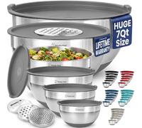 Priority Chef 6Pc Large Mixing Bowls With Lids Set with Non-Slip Bases, Stainless Steel Mixing Bowl Set, 6 Airtight Lids and 3 Graters, Grey