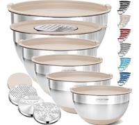 Priority Chef Stainless Steel Mixing Bowls with Lids Set, 3 Grater Attachments, Airtight Lids, Non-Slip Silicone Base Mixing Bowl Set, 6 Pc Large Prep Metal Mixing Bowls for Kitchen, Khaki