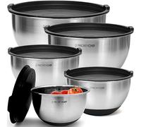 PriorityChef 5 Piece Mixing Bowls With Lids, Large 5 Litre Capacity, Stainless Steel, Non Slip Silicone Bottom, Stackable For Minimal Storage, Black Base