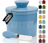 PriorityChef Butter Crock with Lid, On Demand Spreadable Butter, French Butter Keeper to Leave On Counter with Water Line, Ceramic French Butter Dish, Light Blue