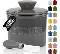 PriorityChef Butter Crock with Lid, On Demand Spreadable Butter, French Butter Keeper to Leave On Counter with Water Line, Ceramic French Butter Dish, Grey