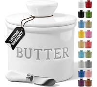 PriorityChef Butter Crock with Lid, On Demand Spreadable Butter, French Butter Keeper to Leave On Counter with Water Line, Ceramic French Butter Dish, White