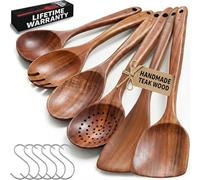 PriorityChef Premium Teak Wooden Spoons for Cooking, Non-Stick Safe and Heat Resistant 6pc Wooden Utensil Set with Hanging Hooks, Wood Cooking Utensils