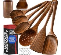 PriorityChef Premium Teak Wooden Spoons for Cooking, Non-Stick Safe and Heat Resistant 6pc Wooden Utensil Set with Utensil Holder, Spoon Rest and Hanging Hooks, Wood Cooking Utensils