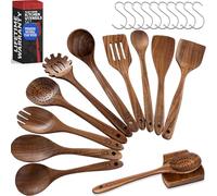 PriorityChef Premium Wooden Spoons for Cooking - 10pc with Spoon Rest and Hanging Hooks, Smooth Finish Teak Wooden Utensil Set, Heat-Resistant & Nonstick Safe, Ideal for Gifting
