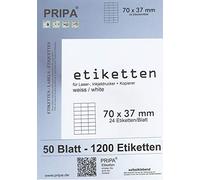 pripa Self-Adhesive Labels Labels 70 x 37 mm 50 Standard A4 Pages Each Sheet Divided into 24 Labels per Sheet 3 Columns 8 Rows Total 1200 Labels Other formats and Quantities Available.
