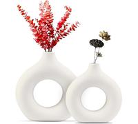 White Ceramic Vase Set of 2, Small & Large Circle Vase for Pampas Grass, Minimalist Nordic Style Donut Vase for Boho Wedding,Bathroom Vase Decor, Living Room, Kitchen, & Home Decor Gift