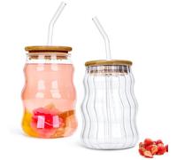 Prismoria Creative Drinking Glasses,500ml Wave Shaped Glass Cup Glossy Glass with Lids and Straws Bubble Drinking Glasses Tumblers Vintage Ribbed Glassware for Iced Latte Coffee Matcha Beer (Mixed)