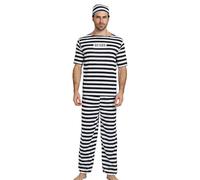 Prisoner Costume - Black & White Striped | Adult Cosplay Jail Outfit | Classic Black & White Striped Design, Lightweight 300g Polyester Fabric, Complete 3-Piece Set (Top, Pants, Hat), Men's