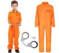 Prisoner Costume, Kids Convict Costume, Costum-e Prisoner Costume with Plastic Handcuffs, Orange Prisoner Suit, Jailed Costume for Cosplay and Halloween Party