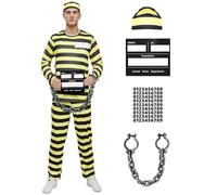 Prisoner Costume Men, Convict Outfit Adult Prison Jail Costume Robber Burglar Fancy Dress Criminal Uniform Suit Carnival Cosplay Parties Carnival Halloween (2XL)