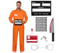 Prisoner Costume Men Halloween Outfit, Orange Jumpsuit Adult Convict Jail Prison Fancy Dress Criminal Uniform Overalls Suit Inmate Carnival Cosplay Parties (Style 1, XXL)