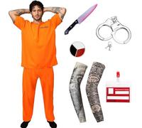 Prisoner Costume Men Outfit, Halloween Orange Adult Convict Jail Prison Fancy Dress Criminal Uniform Overalls Suit Inmate Carnival Cosplay Parties (L)