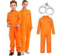 Prisoner Costume With Handcuffs - Unisex Halloween Convict Costumes Theme Party Fancy Dress Prison Orange Jumpsuit Age 7-9 Years