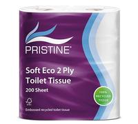 Pristine Eco Soft Recycled White Toilet Tissue, 2-Ply, 200 Sheets per Roll, Soft to Touch 100 Percent Recycled Fibres, Embossed (Case of 36 Rolls)