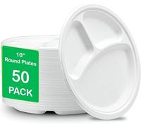 PRISTINE ENTERPRISE 50pcs X 10" Large Strong 3 Compartment Disposable Plates, Biodegradable Disposable Plates, Ecofriendly Divided Lunch Plates, Microwave Safe Dinner Party Plates for HOT & Cold Food