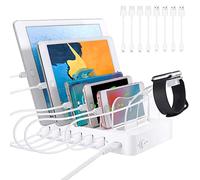 PRITEK Charging Station with 8pcs Short Charge Cables, 60W 6 Ports USB Charger Station Desktop Organizer Charging Dock Compatible for Phone Tablet Multiple Electronic Devices (White)