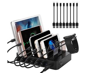 PRITEK Charging Station with 8pcs Short Charge Cables, 60W 6 Ports USB Charger Station Desktop Organizer Charging Dock Compatible for Multiple Electronic Devices
