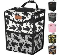 Pritent Car Trash Can with Lid, Cute Leakproof Car Trash Garbage Bag Hanging Vehicle Trash Bin Small Portable Automotive Garbage Cans Organizer for Back/Front Seat/Console(Trapezoid,Cow Print)
