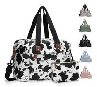 Pritent Travel Duffle Bag, Waterproof Weekender Overnight Hospital Bags for Women Men with Toiletry Bag Lightweight Carry on Personal Item Duffle Gym Bag for Travel, Airplanes, Sports, Cow Print, L