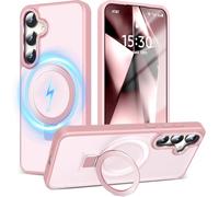 Pritify 3 in 1 Magnetic Case for Samsung S24 Plus Built-In Orbit Frosted Design with Kickstand & Raised Camera Protection Phone Case Shockproof Protective Military Grade Drop Protection | Pink