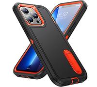 Pritify 3-Layer Armour Case for Iphone 13 Pro Max with Heavy Duty Kickstand & Raised Camera Guard, Rugged Tough Back Case, Shockproof Military Grade Protective Back Cover | Black-Orange