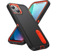 Pritify 3-Layer Armour Case for Iphone 14/15 Plus with Heavy Duty Kickstand & Raised Camera Guard, Rugged Tough Back Case, Shockproof Military Grade Protective Back Cover | Black-Orange