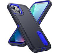 Pritify 3-Layer Armour Case for Iphone 15 with Heavy Duty Kickstand & Raised Camera Guard, Rugged Tough Back Case, Shockproof Military Grade Protective Back Cover | Black-Blue