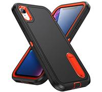 Pritify 3-Layer Armour Case for Iphone XR with Heavy Duty Kickstand & Raised Camera Guard, Rugged Tough Back Case, Shockproof Military Grade Protective Back Cover | Black-Orange