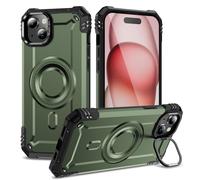 Pritify Armour Case for iPhone 15 Plus with Kickstand & Raised Camera Guard, Military Grade Shockproof Heavy Duty Back Cover with Metal Ring for Magnetic Car Mount, Green