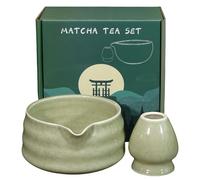 PRITOK 2-Piece 18 OZ Handmade Matcha Bowl, Matcha Chawan, Green Ceramic with Spout, Japanese Style