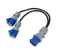 PRITOK 32A Plug to 2 x 16A Sockets: Three-Core IP44 Industrial Connector 32amp Splitter Cable, 3P Caravan Adapter, 2 Way Hookup Converter Cable, for Camping and Motorhome (Blue/50CM Wire)