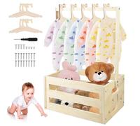 PRITOK Baby Shower Crate Closet Wooden Baby Basket with Handle, Storage Crate Hamper with 5 Hangers, Large Capacity Wood Clothes Rack for Newborn Nursery Organization (34x23x17cm)