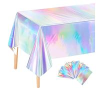 PRITOK Iridescent Party Table Cloths: 10-Pack Plastic Disposable Tablecover, Waterproof Rectangular Rainbow Tablecloth for Birthday Wedding Christmas Decorations (54x108 Inch, Silver)