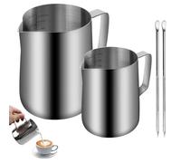 PRITOK Milk Frothing Pitcher Set: 2 Pieces Stainless Steel Milk Jug with Measurement Mark and Latte Art Pen, Handheld Coffee Creamer for Barista Cappuccino Espresso Making (350ml+600ml)