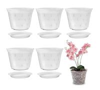 PRITOK Pack of 5 Orchid Flower Pots: 15cm / 6" Clear Orchid Pot with Saucers and Drainage Hole, Plastic Plant Pots, House Plant Pots Nursery Pots for Orchid Repotting Kit