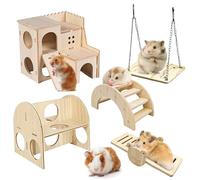 PRITOK Wooden Hamster Toy Set: 5 Pieces Including Castle, Seesaw, Bridge, Avoidance Toys and Swing - Pine Guinea Pigs Toy Set for Small Pets