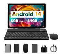 PRITOM 10 inch tablet, 8 GB, 64 GB ROM, 1024GB Expand, Android 14, 3-1 android tablets, Qcta core, WiFi 6, 6000 Mah, Tablet PC with Keyboard, Mouse, Case,Gray