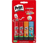 Pritt Glue Stick, Safe and Child-friendly Glue for Arts and Crafts, Strong Adhesive for School & Office Supplies, 2 x 22 g Original and 2 x 20 g Colourful Pritt Pens (Blue, Orange), 9H PTFCS