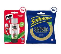 Pritt Glue Sticks 43G And Sellotape Golden Tape 24mm X 50M Bundle, (8 Pack Each)
