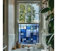 Privacy Window FIlm - Blue Art Deco Stained Glass Window Film - Self-Adhesive Privacy Window Film for Bathroom, Kitchen, Front Door - Water-Resistant Decorative Vinyl (60cm x 60cm)