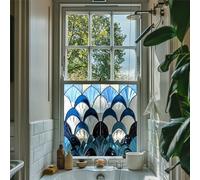 Privacy Window FIlm - Blue Art Deco Stained Glass Window Film - Self-Adhesive Privacy Window Film for Bathroom, Kitchen, Front Door - Water-Resistant Decorative Vinyl (30cm x 30cm)