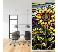 Privacy Window Film Retro Sunflower Pattern Stained Glass Window Film Decorative Frosted Window Cling Non-Adhesive Static Cling for Window &Glass Door