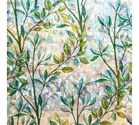 Privacy Window Film With Rainbow Effect, 3D Uv-Resistant Window Film, Static Cling Without Glue, Green Leaf Pattern, 45 X 200 Cm