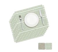 Privalace Green Fabric Placemats Set of 6,Durable Soft Tassel Washable Table Mats,Cotton Linen Woven Place Mats for Table Kitchen Dinning Party