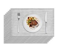 Privalace Silver PVC Woven Rectangle Placemats Set of 6 | Washable Non-Slip Heat Resistant Table Mats, Durable Place Mats for Dining Restaurant Party