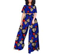 Private Black African Suits for Women Short Sleeve Crop Top and Pants 2 Piece Set Outfits Dashiki Plus Size Casual Tracksuit, 647, L