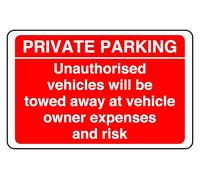 Private Parking Unauthorised vehicles will be towed - safety sign - 1.2mm Rigid plastic for indoor/outdoor usage (600mm x 400mm) Viewing Distance within 20m.