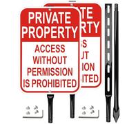 Private Property Access Without Permission Is Prohibited Sign, Red and White, Reflective Aluminum, 14x10 Inch, 2 Pack with 36-Inch Metal Stakes